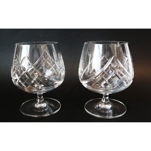 2 Cognac Brandy Snifters Pinwheel Crystal Wine Glasses Stems Goblets Vintage Bar - Picture 2 of 4